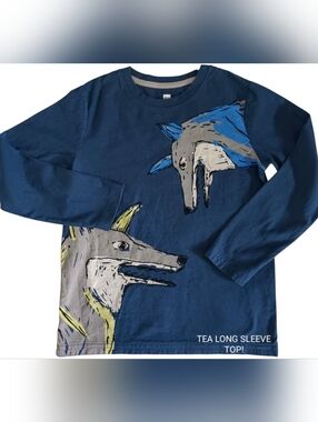 Tea Collection Boys Size 8 Blue Long-Sleeve Graphic Wolf Tee NWOT!